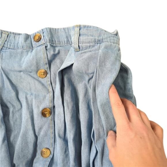 Women's A-Line Pleated Midi Denim Skirt High Waist Button Front with Pockets L - Picture 5 of 5